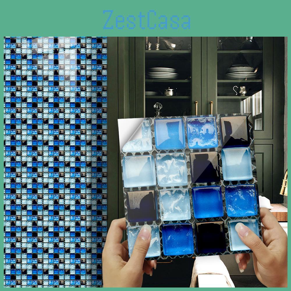 Flat Blue Tiles Mosaic Marble Wall Stickers Kitchen Wardrobe Stairs Home Decor Peel Stick Oilproof Waterproof Art Wall Decals