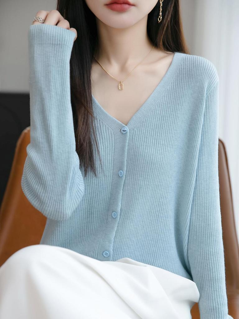 2025 Herbst V-Ausschnitt Feinstrick-Cardigan - Unifarben, Einreihig, Langarm-Oberbekleidung