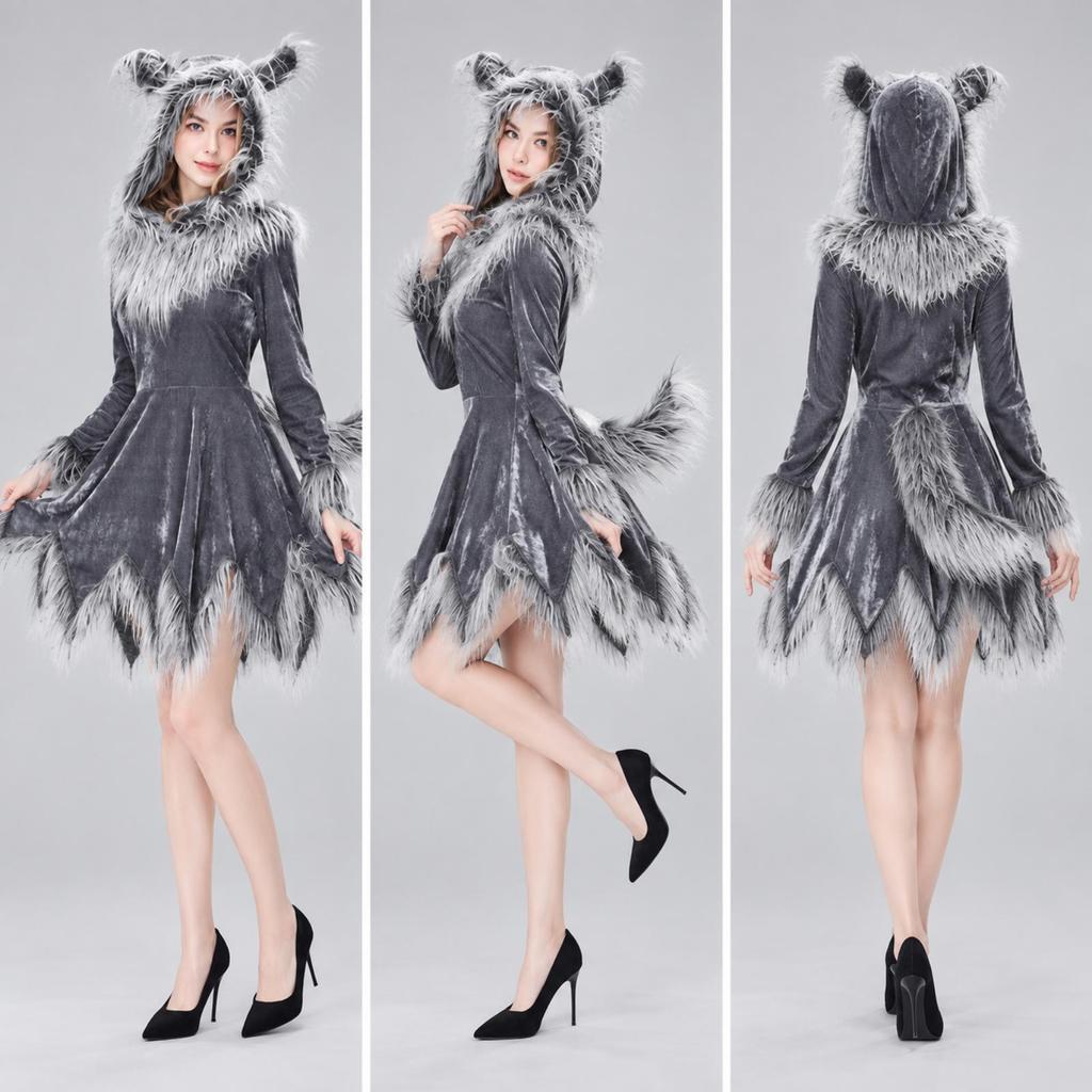 Hooded Wolf Dress with Furry Trim Adult Outfit Faux for Stage Performances