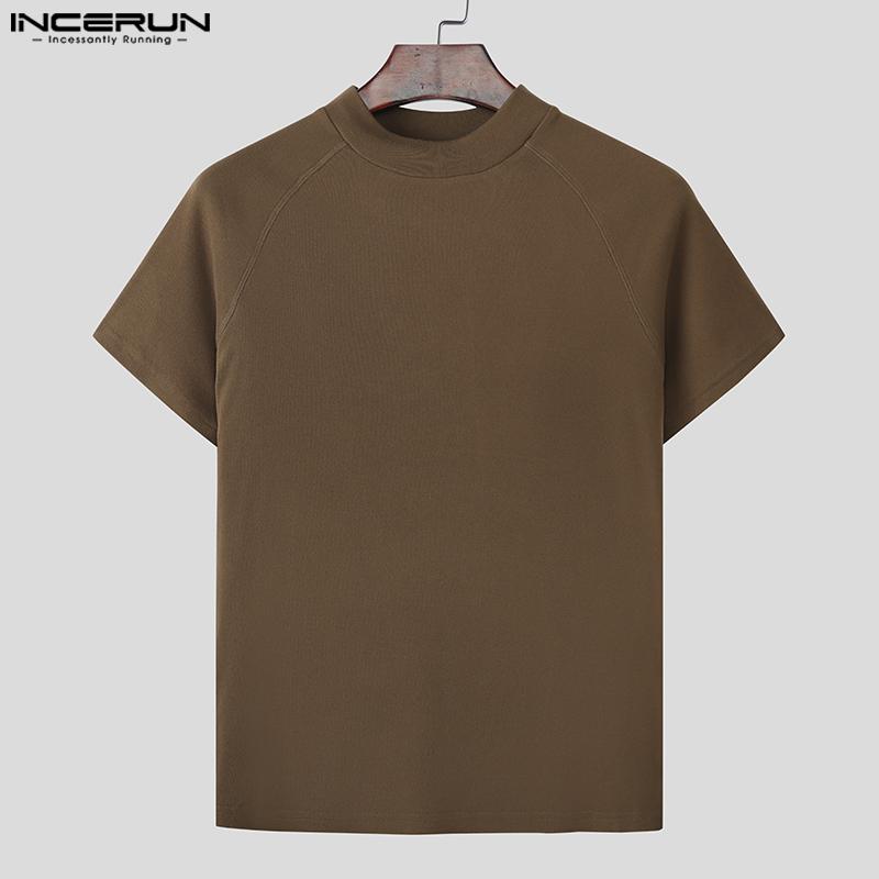 INCERUN Men Mockneck Summer Short Sleeve Solid Casual Skinny T-shirts Tee