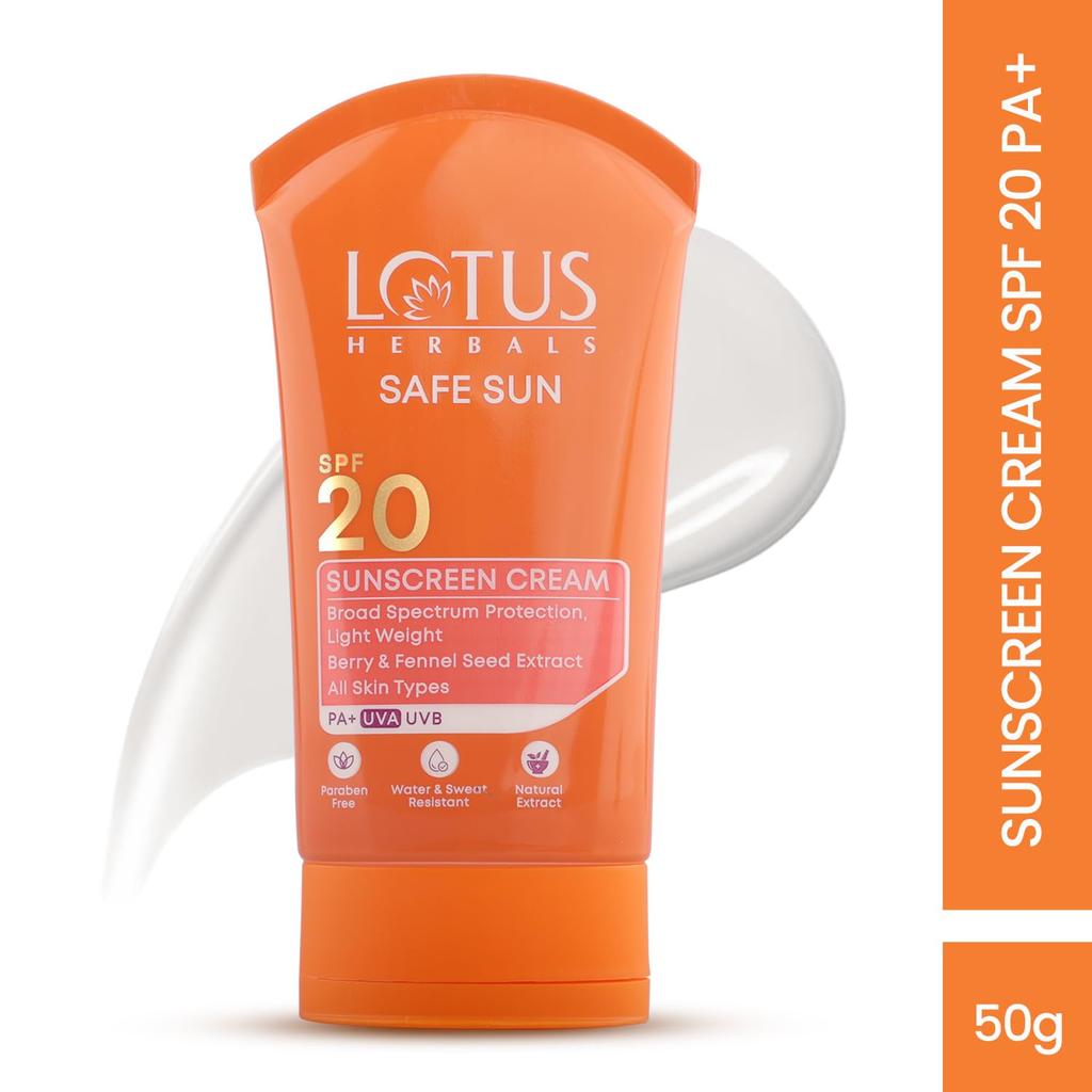 Lotus Herbals Safe Sun Sunscreen Cream SPF 20 | Broad Spectrum UVA/UVB Protection | Lightweight & Non-Greasy | For All Skin Types | 50g