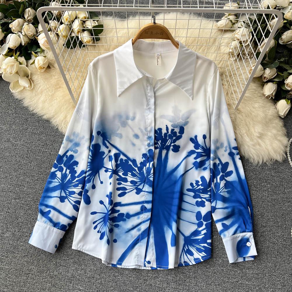 Elegant Temperament Polo Collar Blue Printed Long-Sleeved Shirt Women's High-End Pleated Skirt Fashion Two-Piece Suit