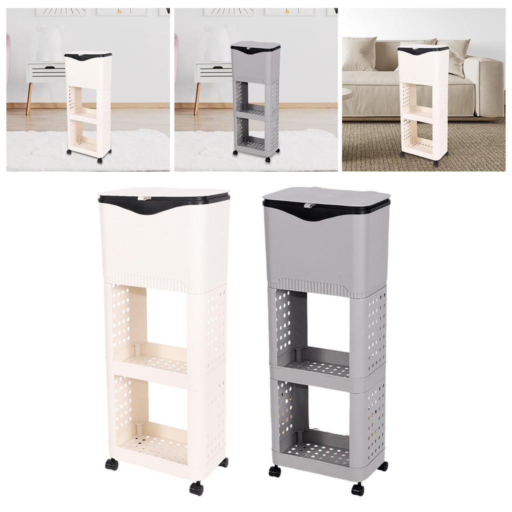 Kitchen Trash Can with Lid with Storage Rack Decorative Wheeled Garbage Bin for Laundry Room Dormitory Garden Garage Office