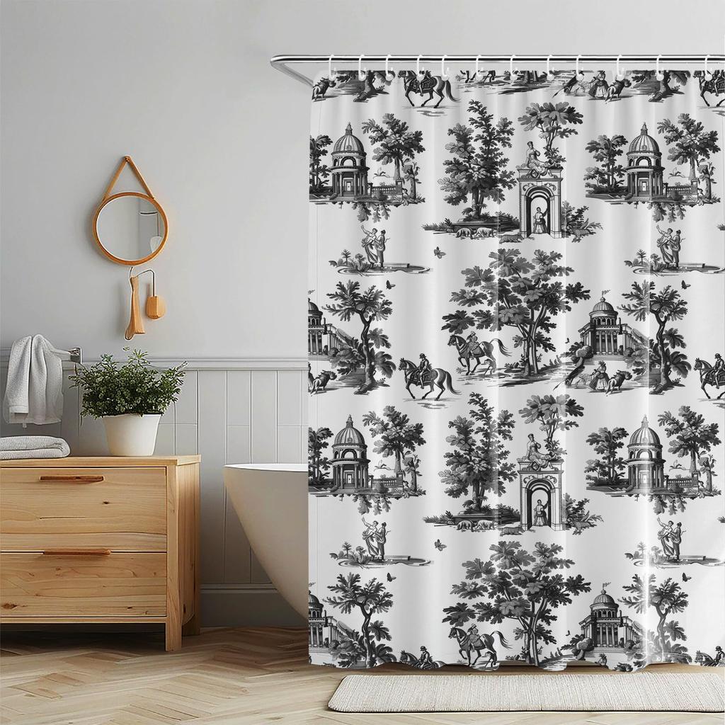 Vintage francouzská sprchová závěs Modrá a bílá látka Koupelnová sprchová závěs Statek Francouzský venkovský koupelnový závěs s háčky