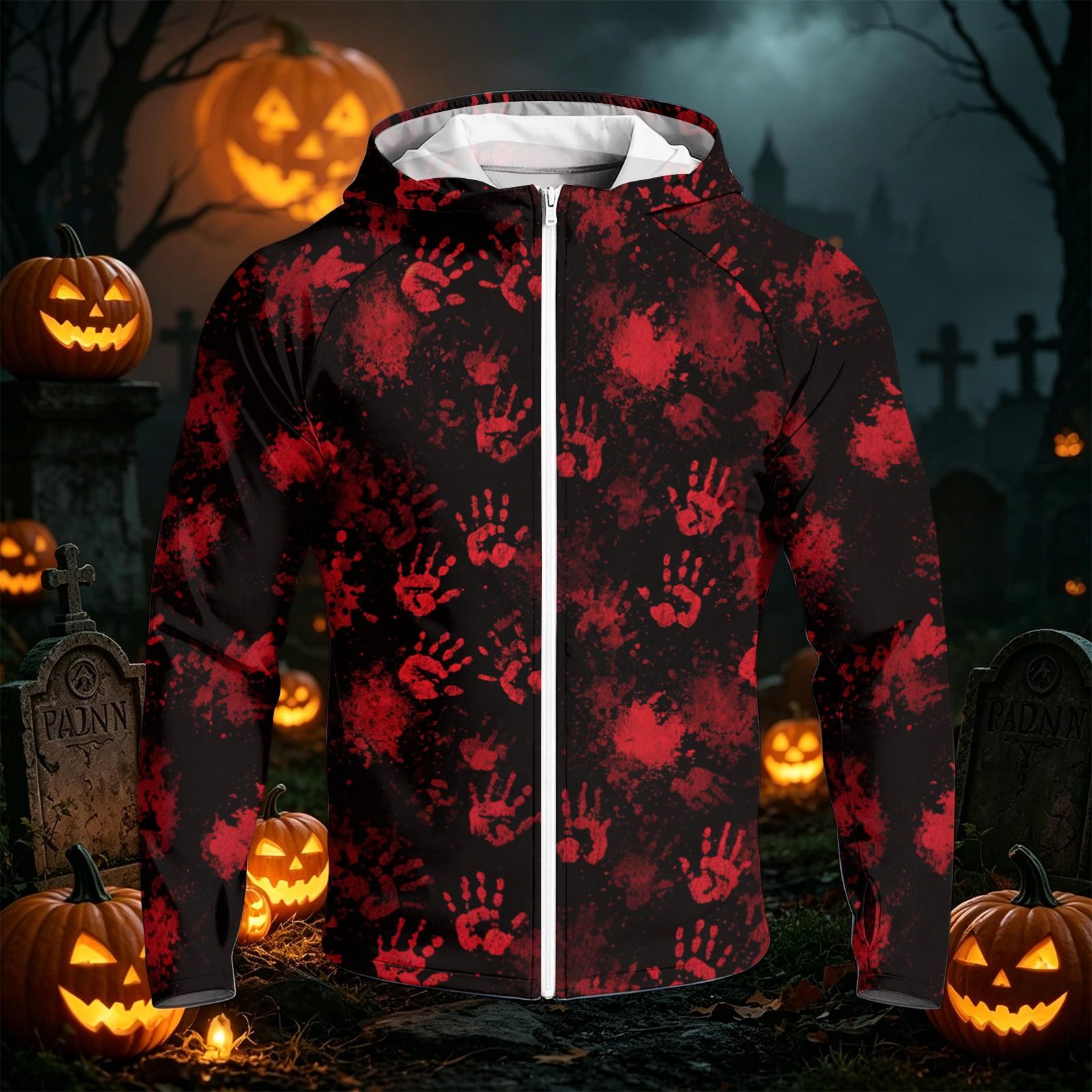 Men s Raglan Hooded Long Sleeve Sun Jacket - Casual Halloween Print Coat M