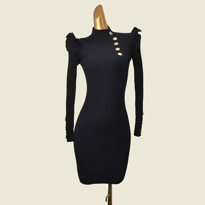 

French Style Design Long Sleeves Half Turtleneck Base Dress Fashion Wind Black Silm High Elastic Metal Buckle Sheath Black Small