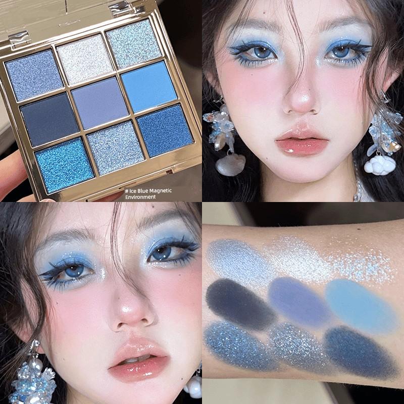 Summer Cool Ice Blue Tranquil Nine Colors Eye Shadow Plate Shimmer Matte Blue Smoky Diamond in the Debris Eye Makeup Music Festival Eye Makeup