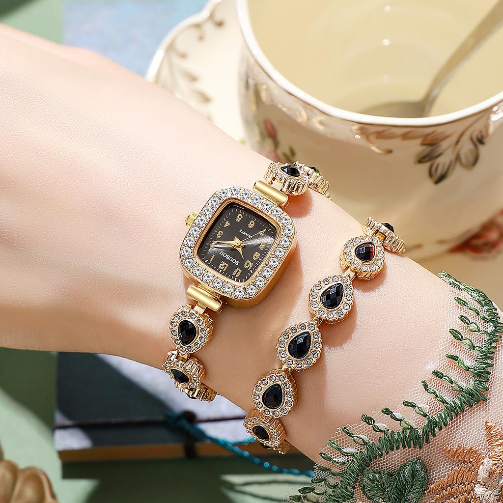 New Fashion Small Square Full Diamond Quartz Women's Strap Jewelry Bracelet 2-piece Set, No Gift Box