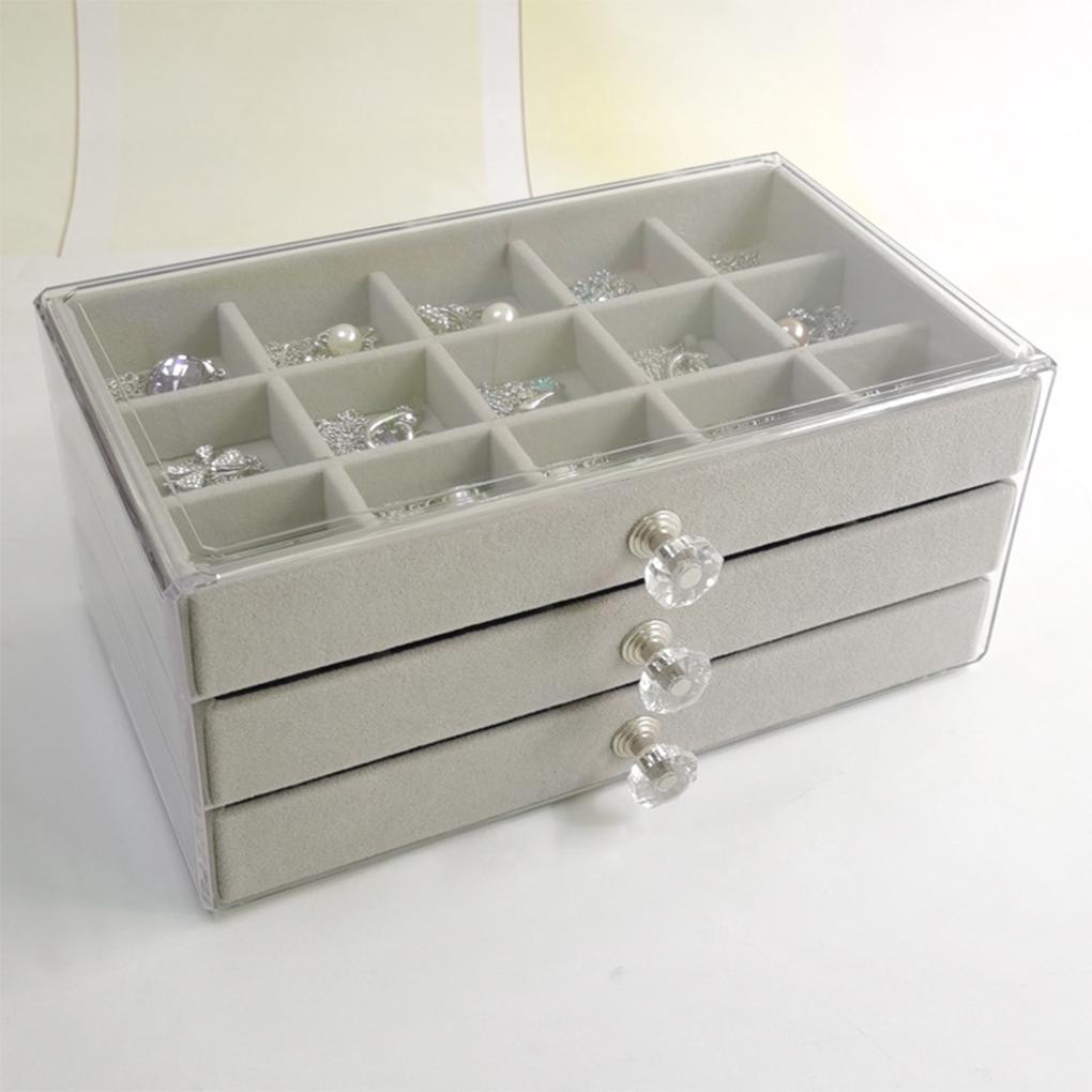 3 Layers Box 45 Grids Storage Jewelry Drawer Transparent Velvet Case Display Fashionable Holder for Women Girls