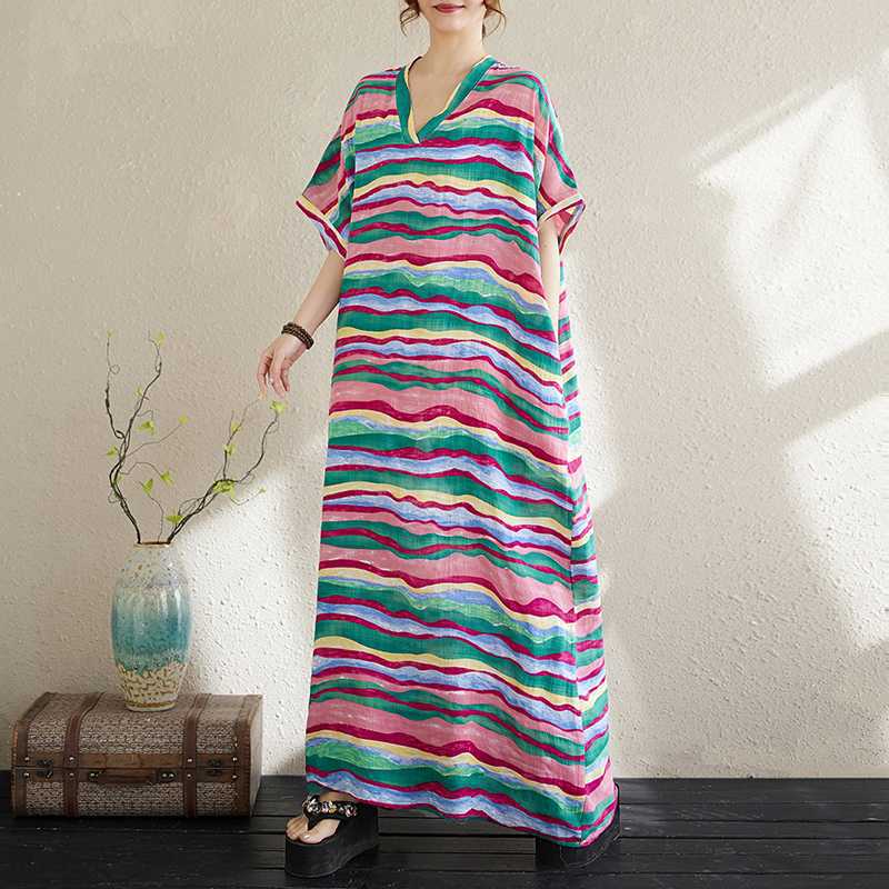 Summer Cotton and Linen Printed Loose and Simple Long Skirt for Women