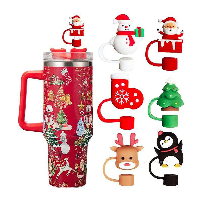 Christmas New Silicone Straw Cover 10mm Large Diameter Reusable Straw Tips Cartoon Cute Holiday Gift Dust Cap Party Xmas Decor