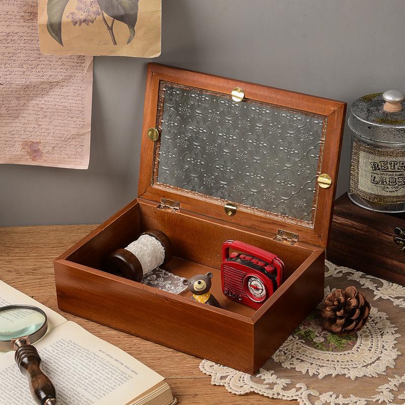 Crabapple Flower Glass Retro Wooden Storage Box for Desktop Sundries and Dressing Table Decor