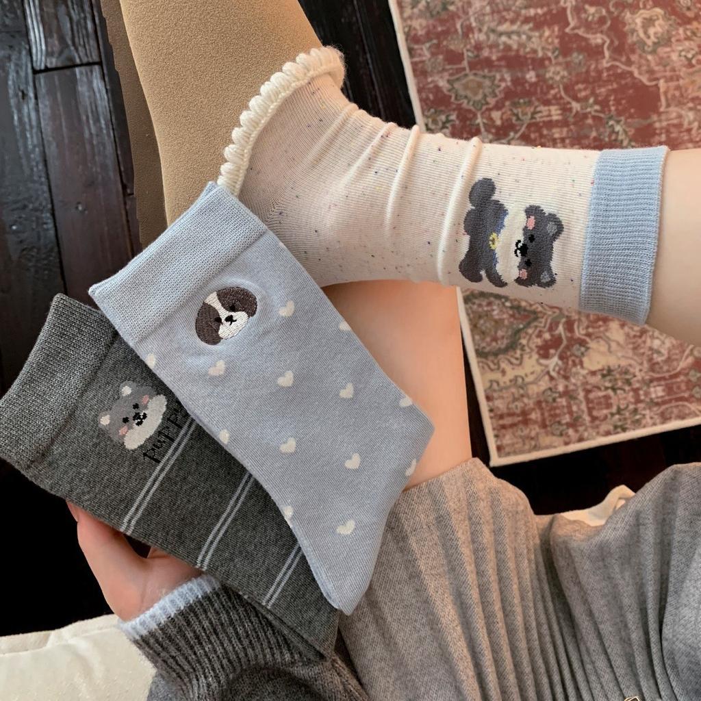 Puppy Embroidery Gray-Blue Socks Medium Tube Socks Versatile Cotton Socks Boneless Cartoon Cute Pile Socks
