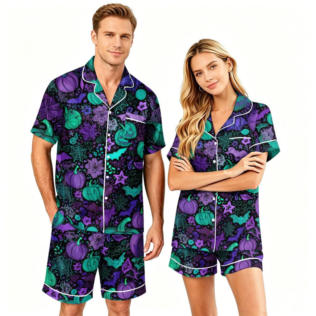 Couple Matching Halloween Pajama Set Short Sleeve Button Down Shirt with Hem and Shorts Set Soft Casual Sleepwear S To XXXXL