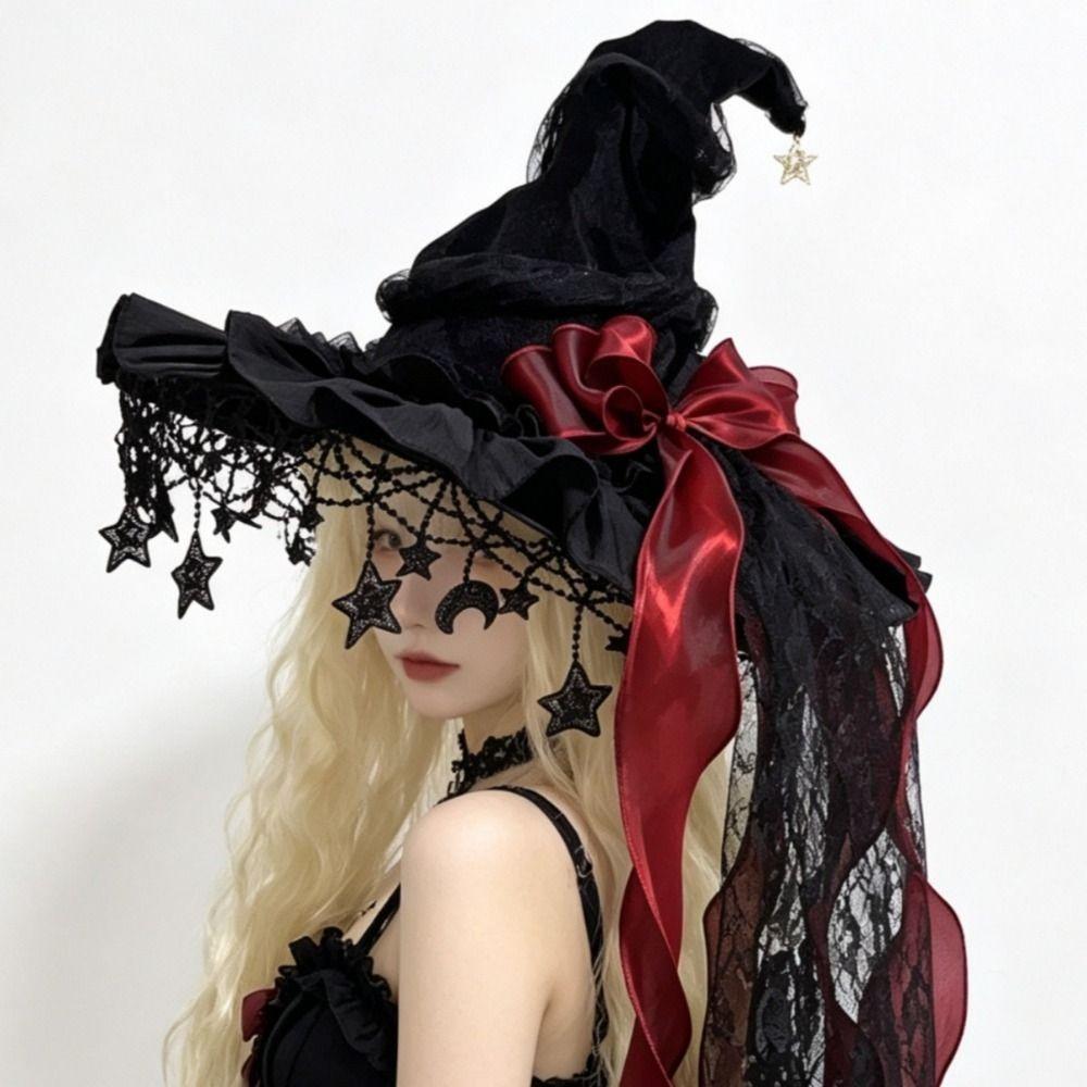 Star and Moon Pendant Lolita Witch Hat Lace Cosplay Accessories Funny Wizard Cap Role Play