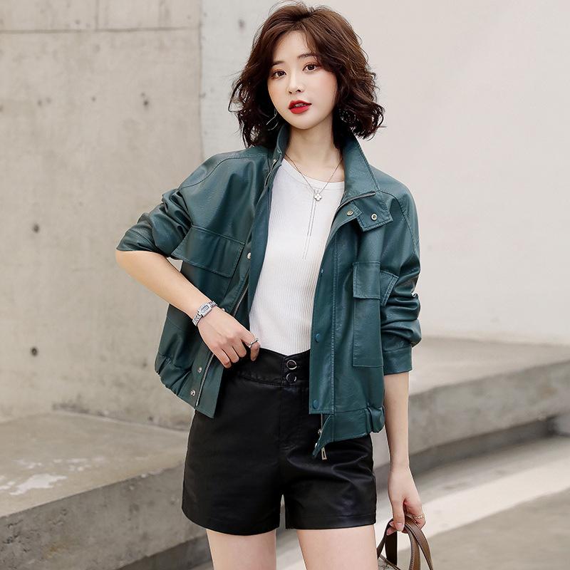 

Весенне-осенняя новая кожаная куртка женское пальто свободная черная короткая мотоциклетная повседневная куртка XL зелёный