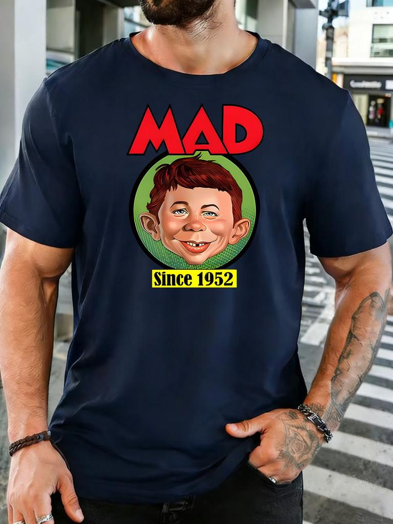 Unisex Vintage Mad Boy Cartoon Porträt Grafik Baumwolle Kurzarm T-Shirt Rundhalsausschnitt Weich Männlich Sommer Lässig Atmungsaktiv Streetwear Oberteil