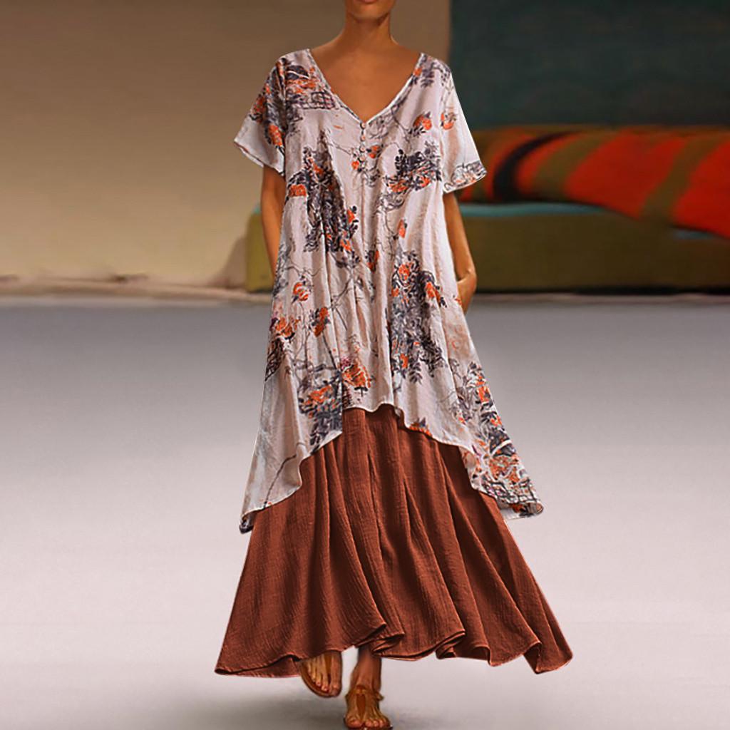 

Женское винтажное богемное платье с цветочным принтом и коротким рукавом с v-образным вырезом макси-платье XXXL оранжевый