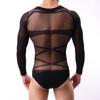 Men Bodysuit Sexy Mesh Sheer Body Stockings Cross Strap Men Long Sleeves Pantyhose Underwear Jumpsuit Romper Gay Lingerie Bikini