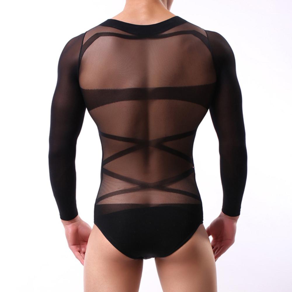 Men Bodysuit Sexy Mesh Sheer Body Stockings Cross Strap Men Long Sleeves Pantyhose Underwear Jumpsuit Romper Gay Lingerie Bikini