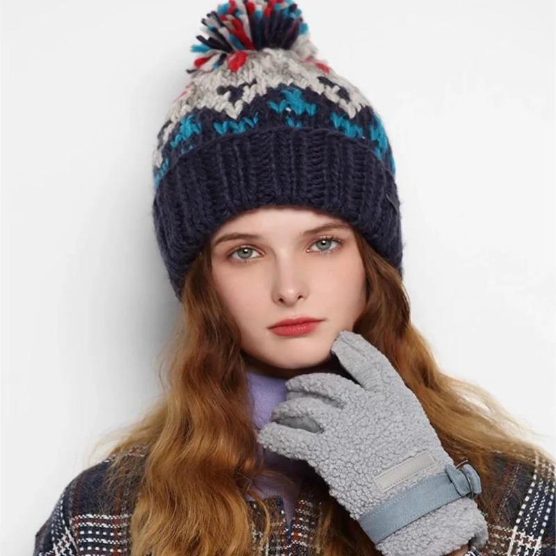 Fashion Cute Print Embroidery Beanies Hats for Women Men Winter Warm Pompom Baggy Knit Hat Bonnet Caps
