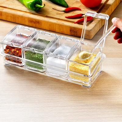 Kitchen Four-compartment Spice Box Set Transparent Spice Jar Salt and Sugar Seasoning Spoon Box