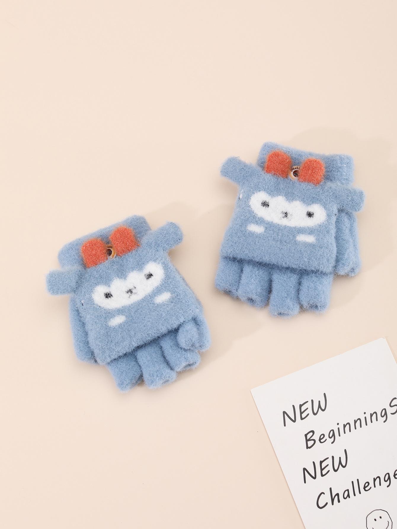 New Little Sheep Cartoon Kids Convertible Warm Wool Gloves - Half-Finger Design, Thick and Cozy for Children синий