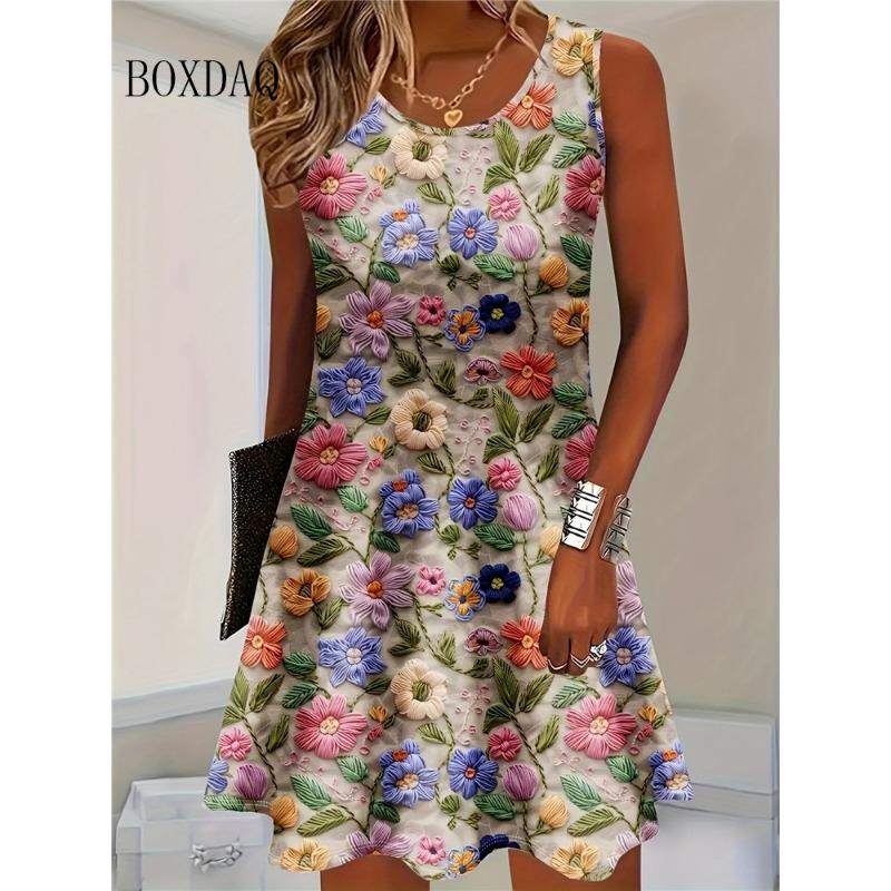 Women Summer Sleeveless Bohemian Dress Fashion Imitate Cowboy Vest Flowers Print Dress Casual Tank Beach Dresses