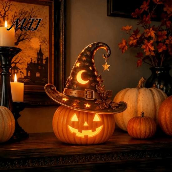Fantasy Harz Ornamente Halloween Kürbis Lampe, Gotische Leuchtende Tischdeko für Zuhause, Dunkle Raum Akzente Gruseliger Drache Geist Schwarze Katze Ornament,