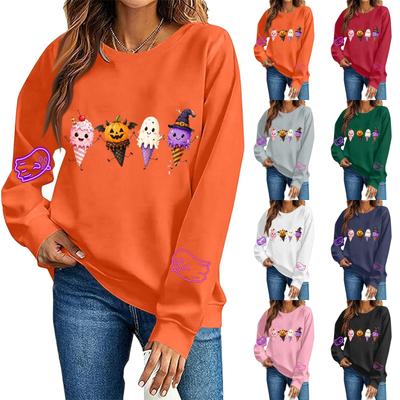 Women's Long Sleeve Halloween Print Neck Sweatshirt Top for Fall Festive Wear