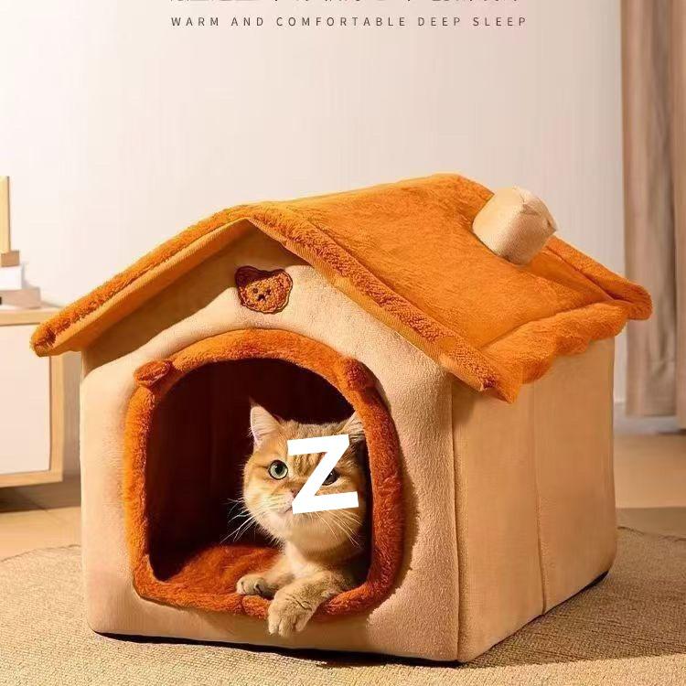 House Cat & Small Dog Winter Teddy House with Detachable, Washable Pet Mat - Warm Four Seasons Enclosed Bed