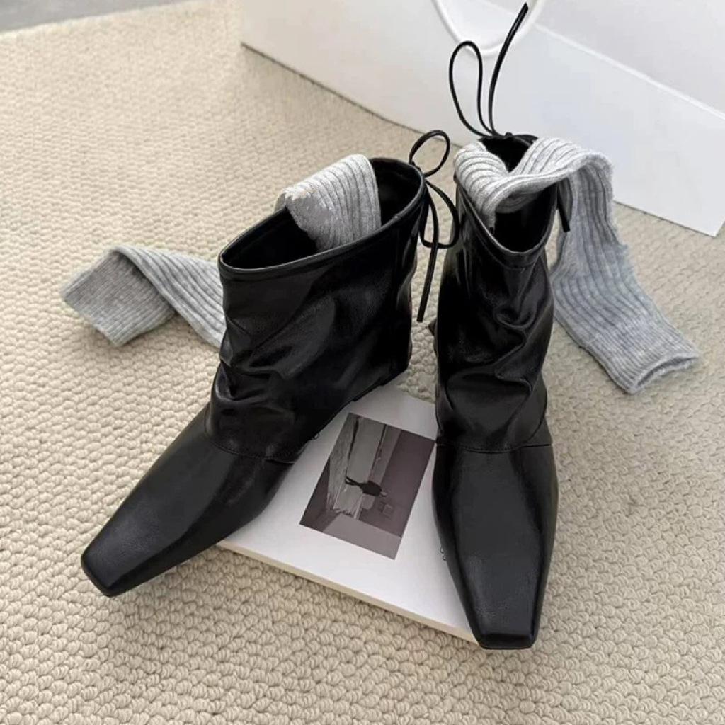 Cowhide Version~ Korean Niche Pleated Square Head Bow Fashion Pants Boots Short Boots Women's Thick Heel Wide Tube Women's Boots
