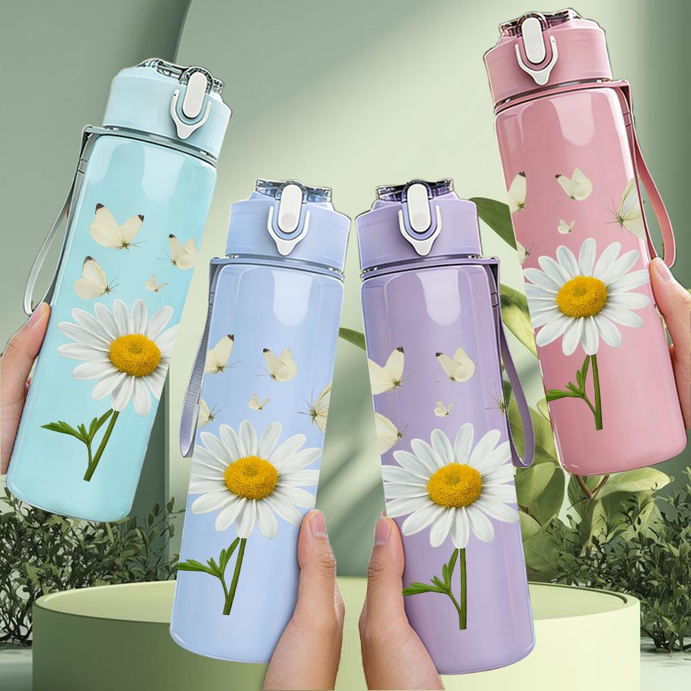 1PC White Daisy Butterfly Branch 750ml Color Plastic Sports Water Bottle Leakproof Flip Straw Lid For Sports Office Home Use