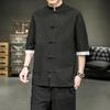 Men’s Summer Ice Silk Chinese Buttoned Short-Sleeve Tang Suit Shirt, Cotton-Linen Hanfu Zhongshan Retro Style
