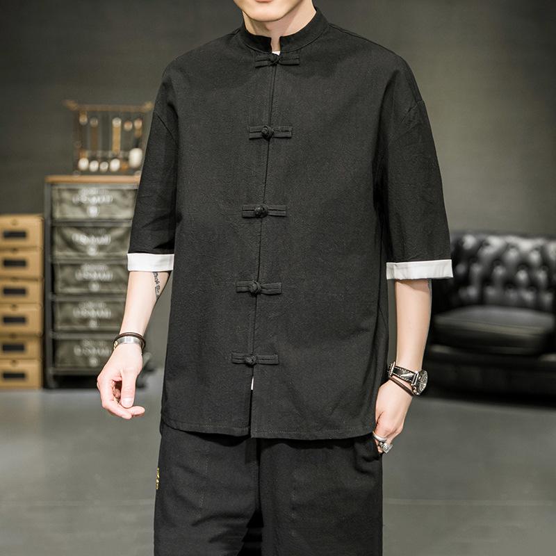 Men’s Summer Ice Silk Chinese Buttoned Short-Sleeve Tang Suit Shirt, Cotton-Linen Hanfu Zhongshan Retro Style