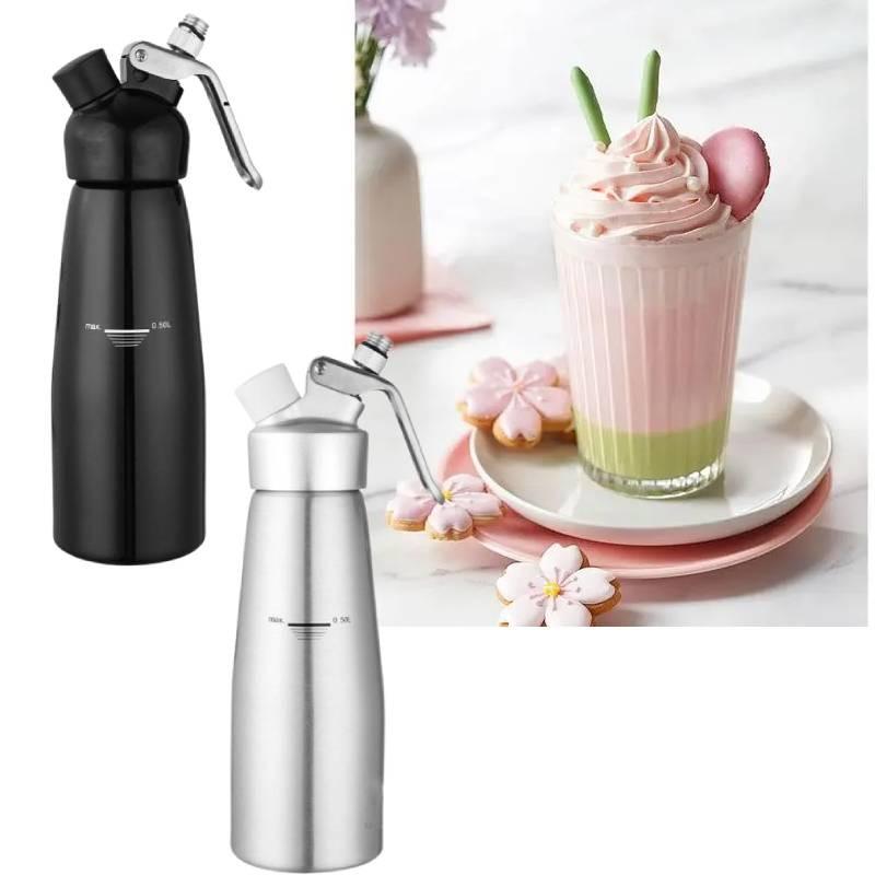 Bottiglia sifone per panna montata in acciaio inox di alta qualità, ideale per decorare e guarnire il caffè, disponibile nei formati da 500 ml e 1000 ml.