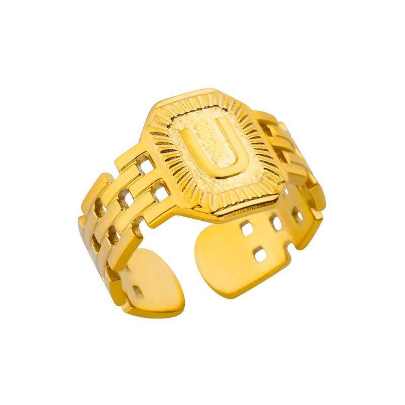 Titanium Steel Simple and Fashionable English Letter Ring Versatile Gold Chain Opening Adjustable Ring Women