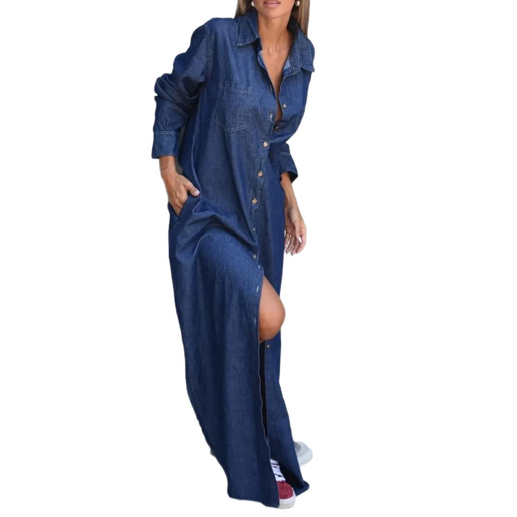 Flip denim long open lapel new dress women's clothing