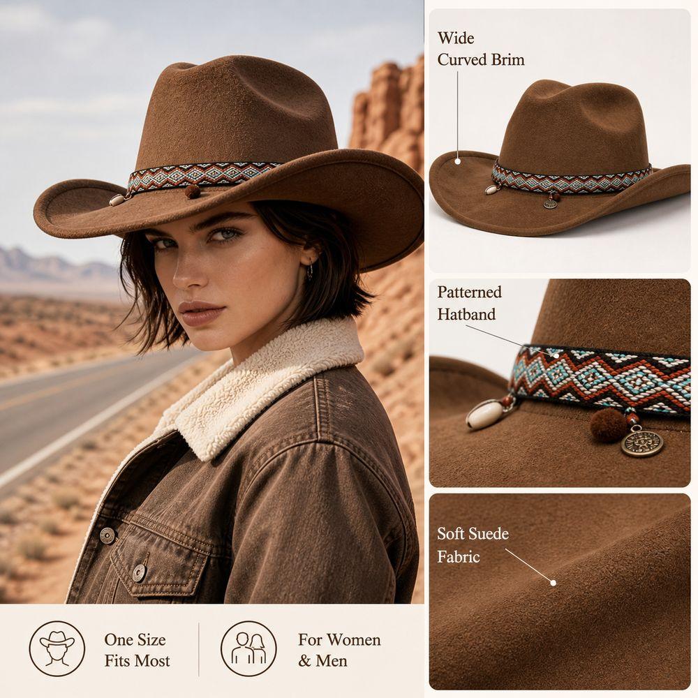 Wide Curved Brim Suede Cowboy Hat Suede Fabric Wide Brim Cowboy Hat New Cowgirl Hat Women and Men