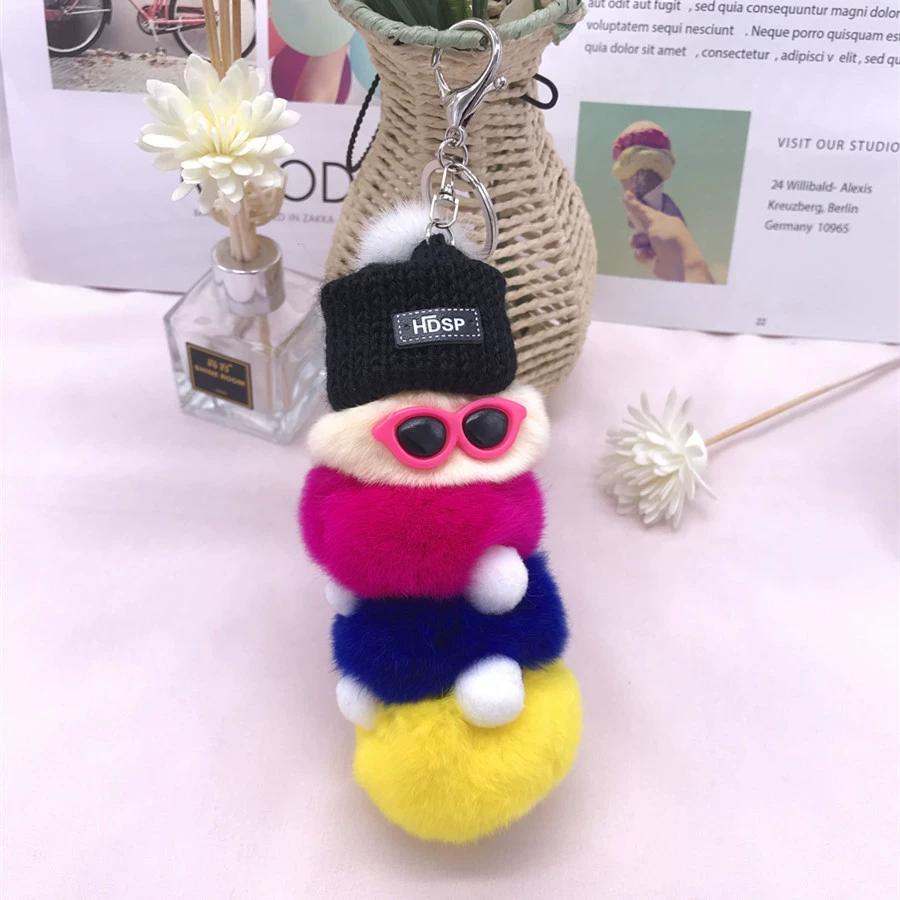 Rex Rabbit Colorful Caterpillar Plush Bag Pendant Keychain Creative Cute Female Mink Jewelry Gift