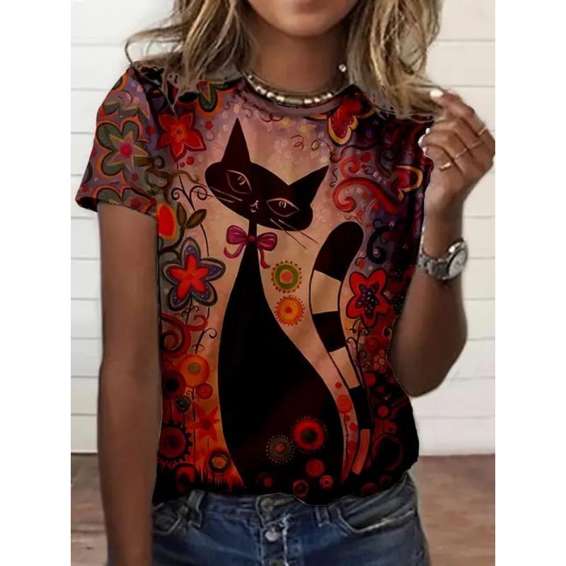 Summer Round Neck Short Sleeved Casual Versatile Top with Animal Print Women's T-shirts
