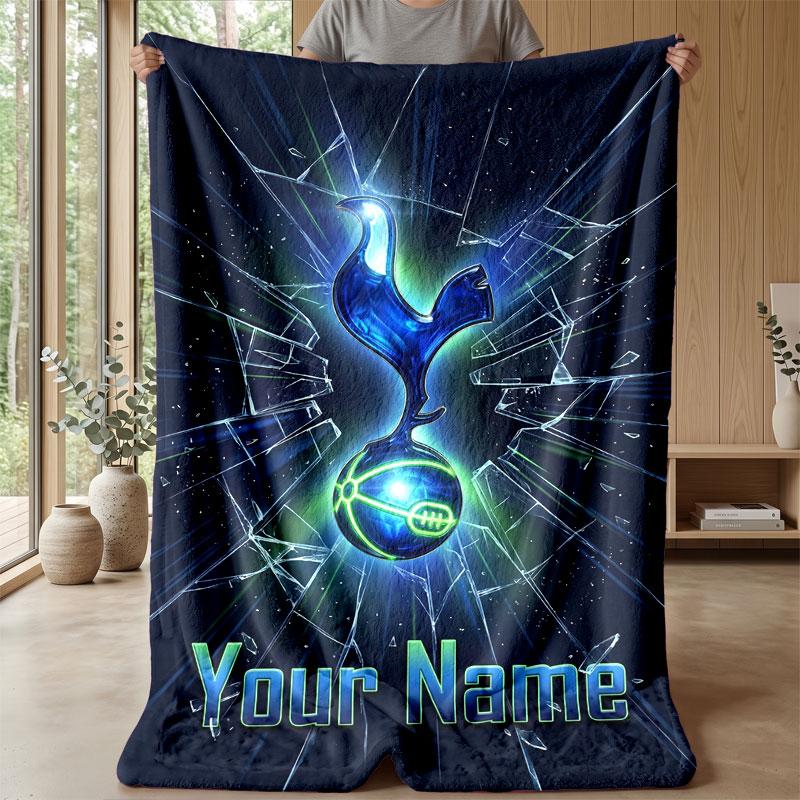 Tottenham Hotspur FC Custom Name Text Flannel Blanket Soccer Logo Personalized Fleece Throw Blanket Special Gift For Sofa Bedroom Home