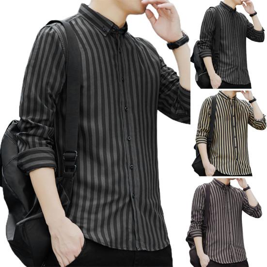 Men Shirt Formal Single-breasted Stripe Turn-down Collar Business Shirt for Work