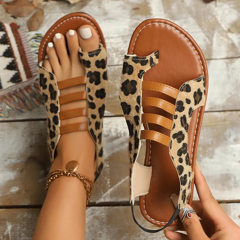Fashion Leopard Print Gladiator Sandals Women 2025 Summer Ring Toe Lightweight Beach Shoes Woman Roman Style Elastic Band Flat Sandalias