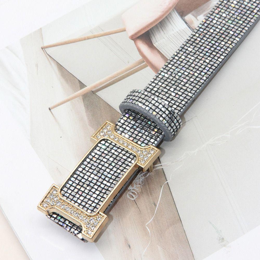 Glitter PU Leather Belt Bling Bling Slide Buckle Belt Vintage Trendy Waistband  Women