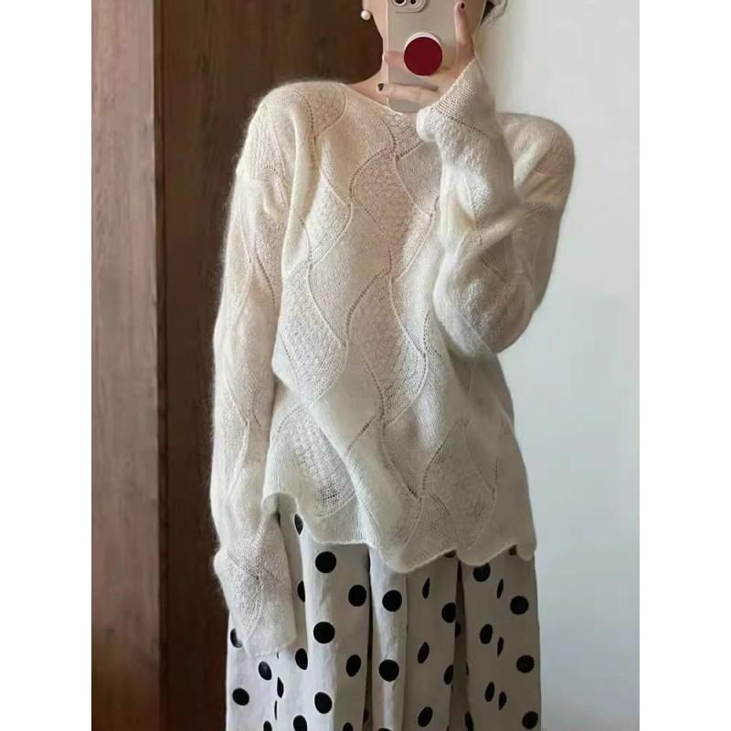 Womens White Knit Sweater Raccoon Wool Blend Hollow Out Loose Fit Long Sleeve Top Early Fall