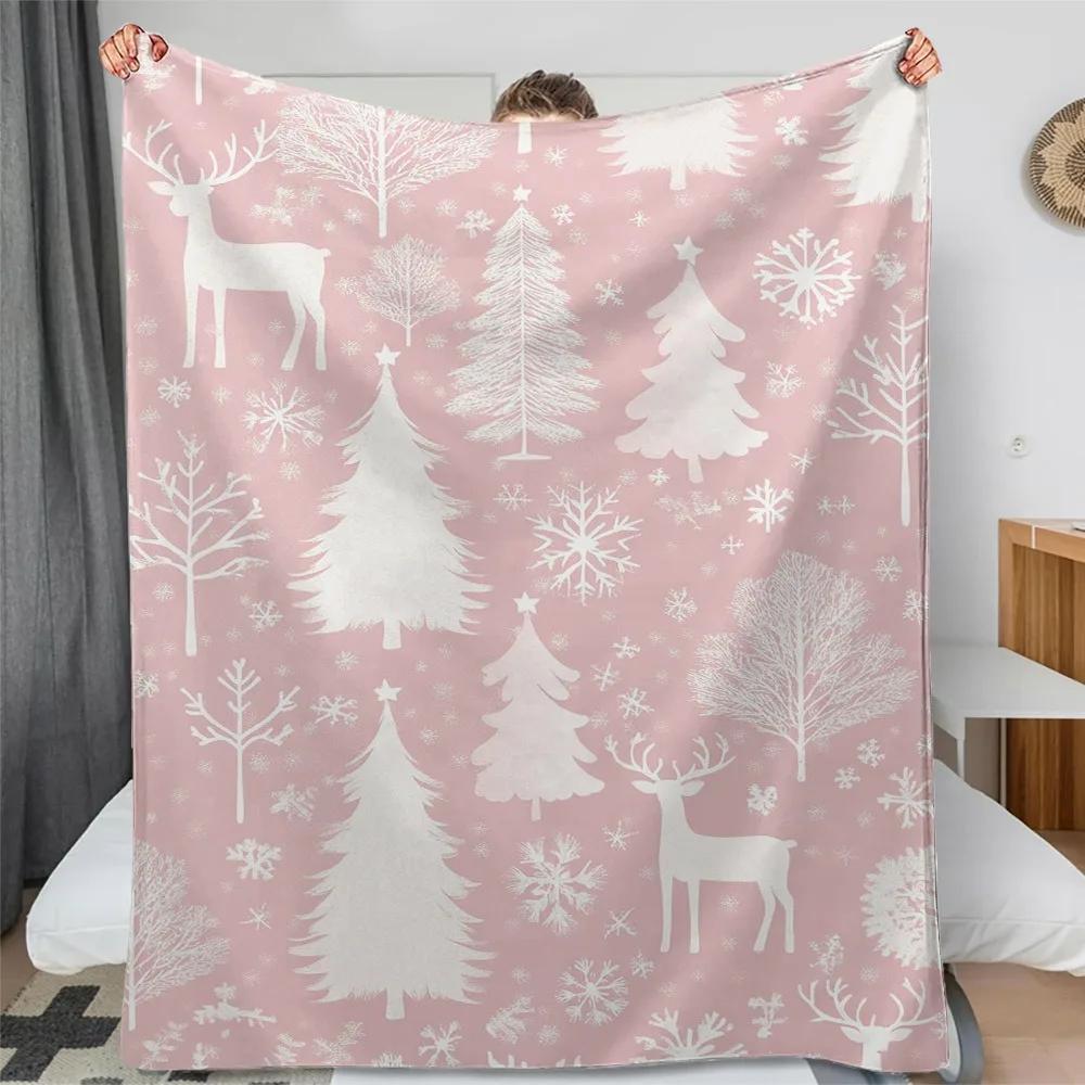 Blush Pink Christmas Tree Deer Throw Blanket Cozy Winter Snowflake Flannel Blanket for Couch Bed Decor