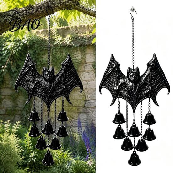 Bat Shaped Yard Decorations Gothic Metal Wind Chime, Halloween Hanging Ornament with Multiple Bells, 3D Durable Black Chime Embossed Decor for Indoor