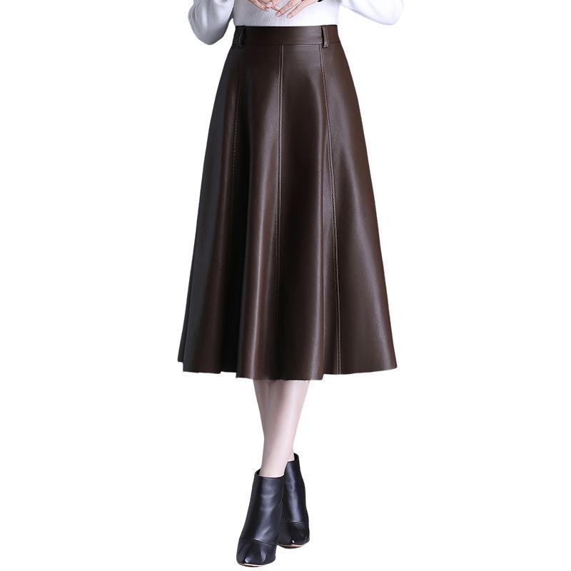 Women's High Waist Lambskin A-Line Midi Skirt - Autumn/Winter 2025 Trendy Leather Umbrella Skirt