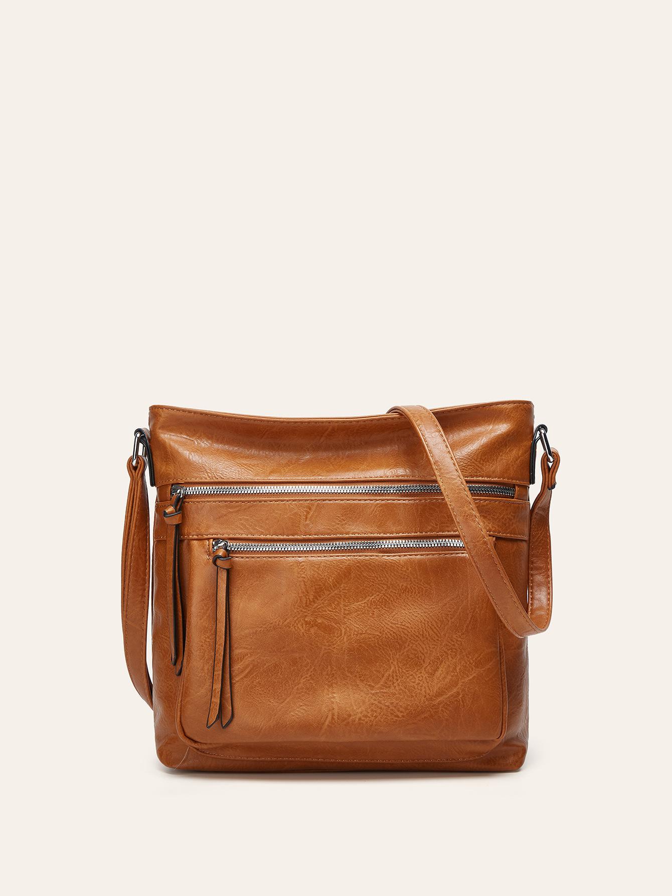 

Retro double zipper large capacity shoulder messenger bag fashion casual women s bag trend bag spot світло-коричневого кольору